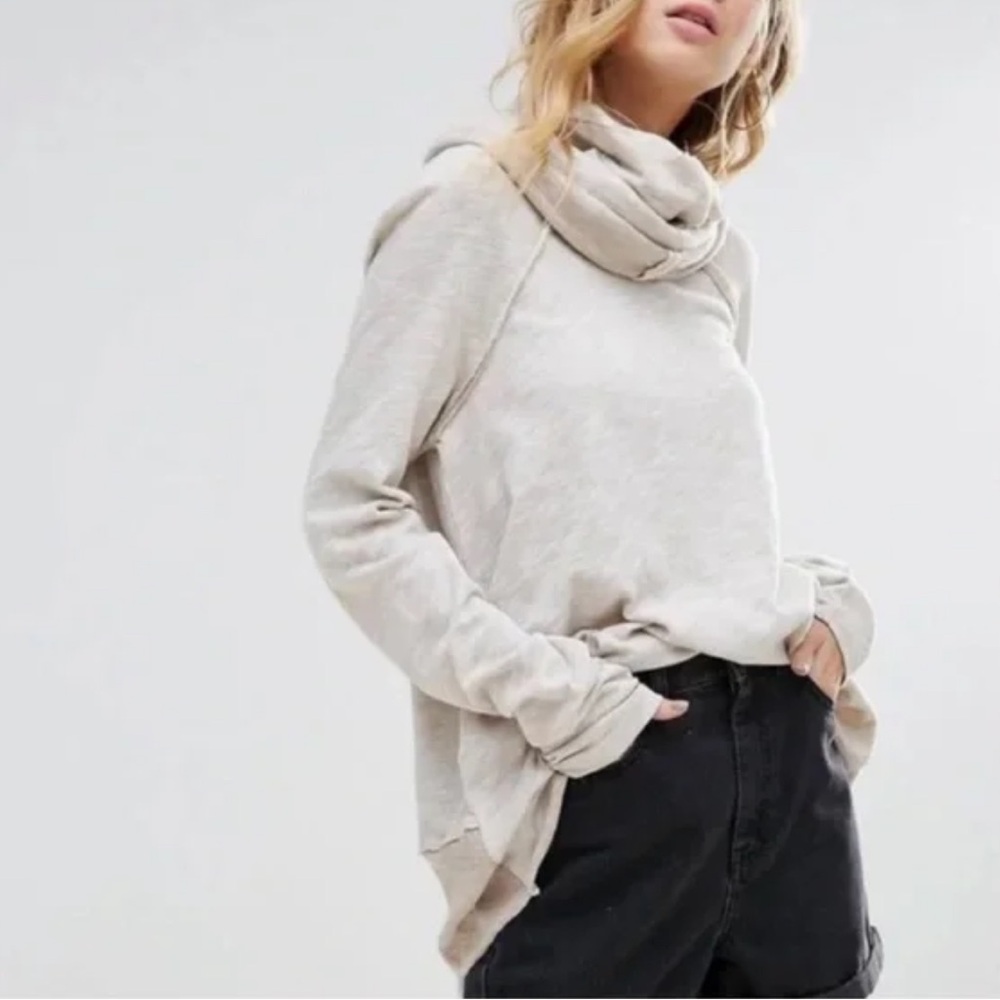 Free People Beach Cotton Oversized Cowl Neck Pullover Neutral Casual Lounge OS